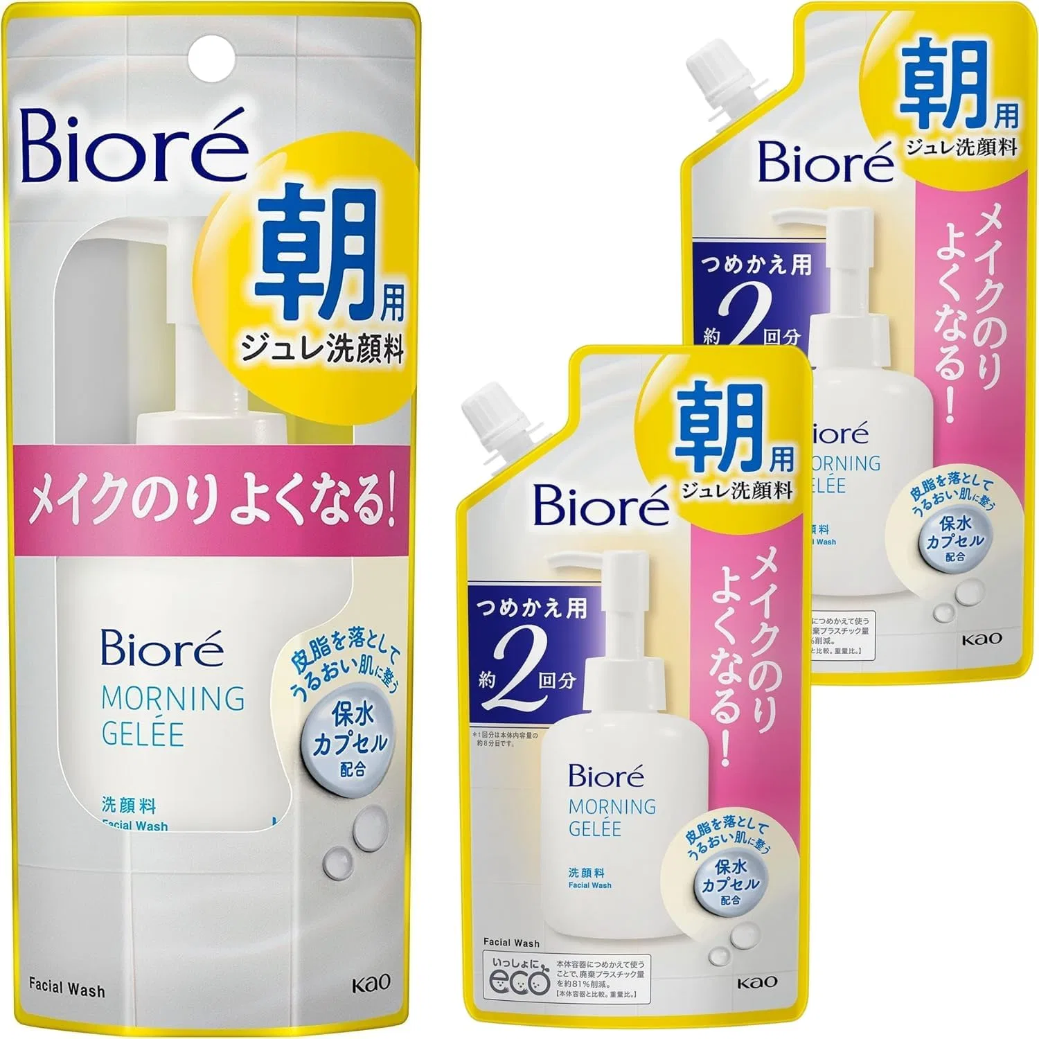 Гель для умывания Biore Morning Jello Facial Cleanser, набор 1 основной + 2 сменных блока, 100 мл + 160 мл, аква-флоральный аромат