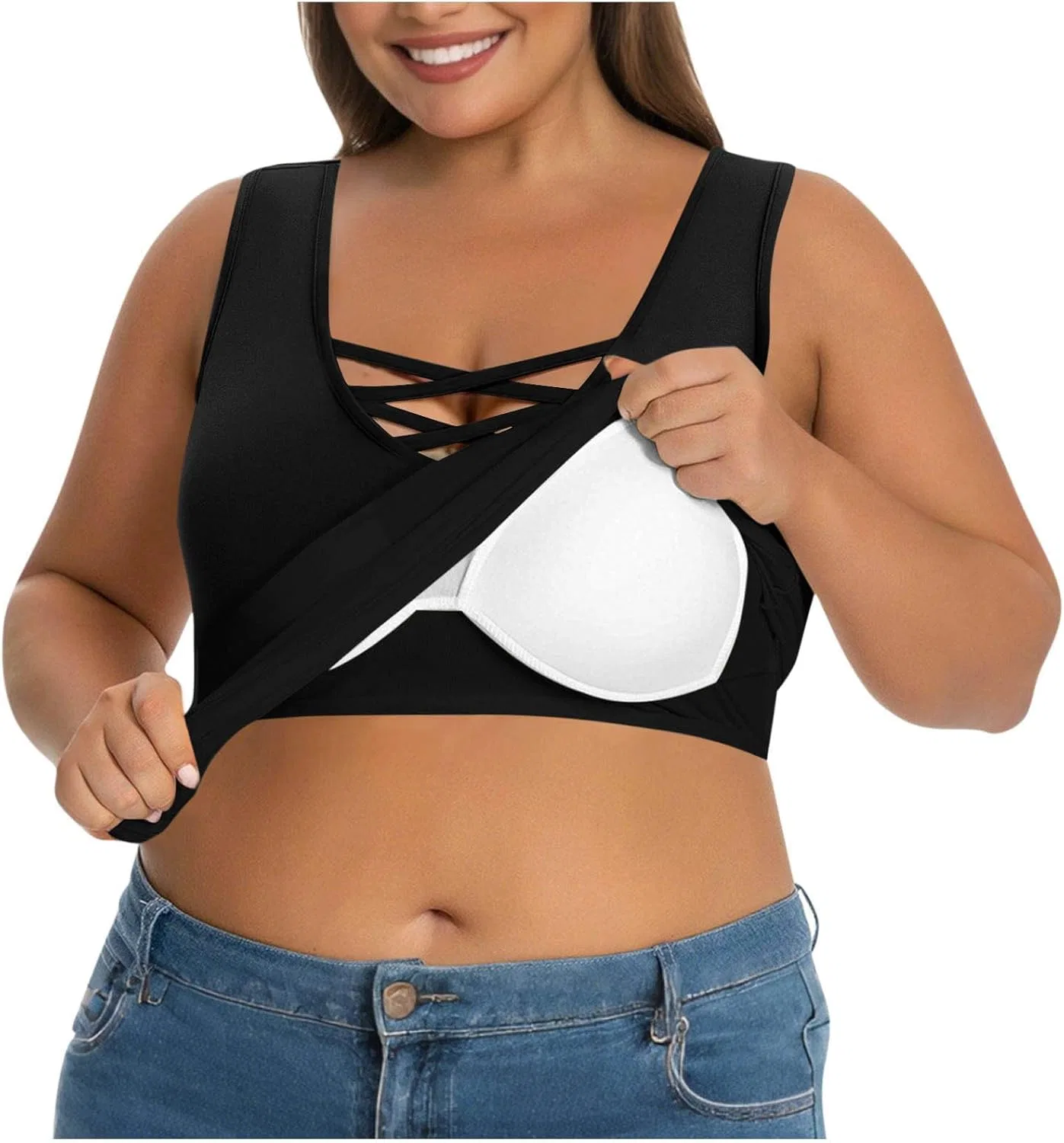 Топ майка с встроенным бюстгальтером, женский, Plus Size, Black