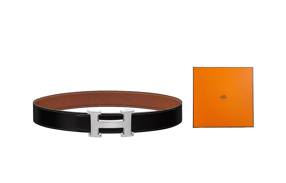 

Классический матовый ремень с серебряной пряжкой H из телячьей кожи Того двусторонний мужской черно-коричневый ширина 3,2 см HERMES, черный/золото-бокс