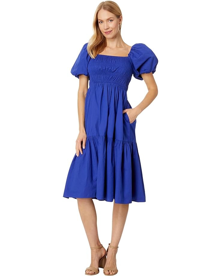 

Платье Vince Camuto Smocked Puff Sleeve Flounce Midi, синий