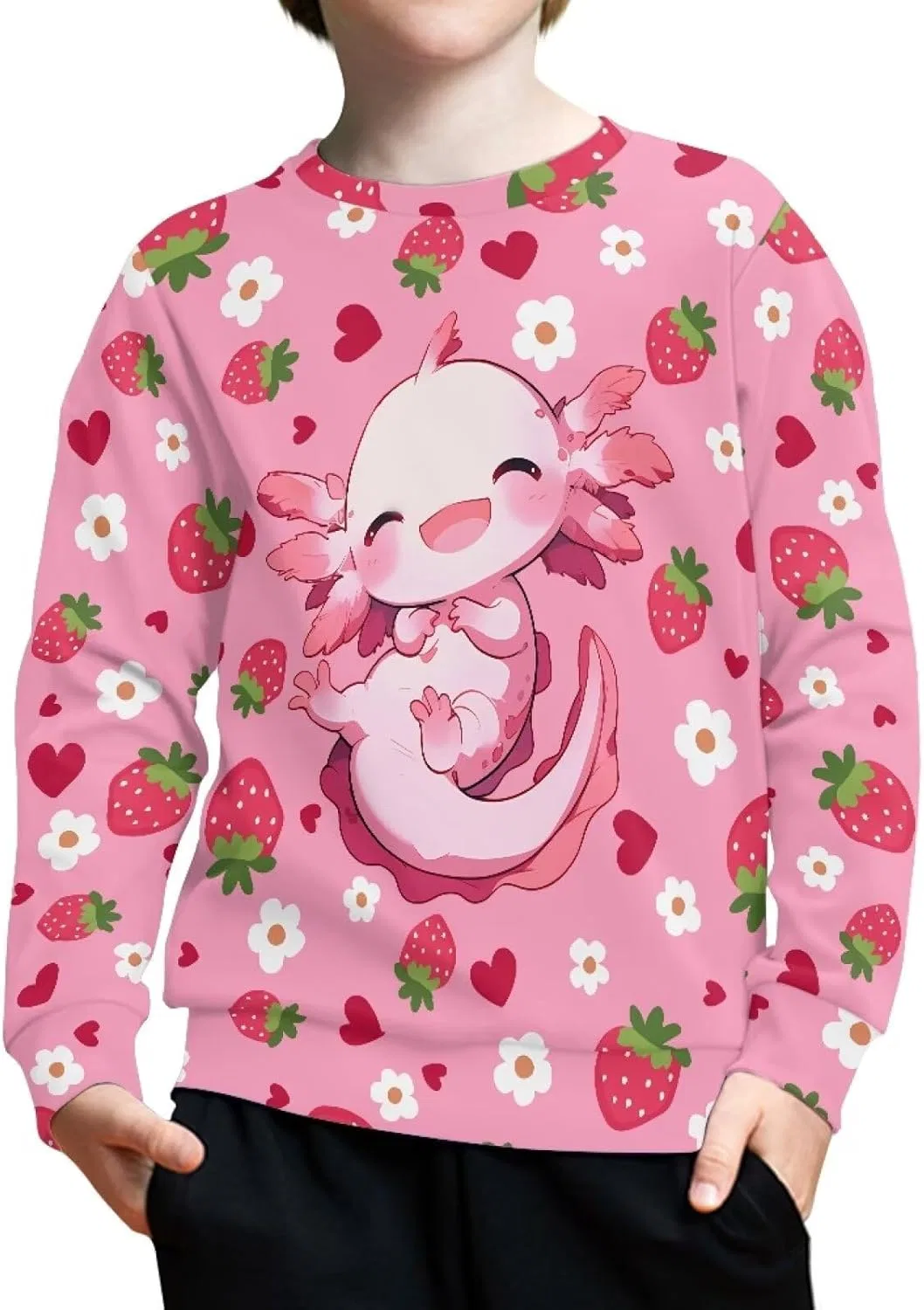 Детская толстовка с принтом Axolotl Strawberry Kawaii, ZPINXIGN, 6-14 лет — фото 2