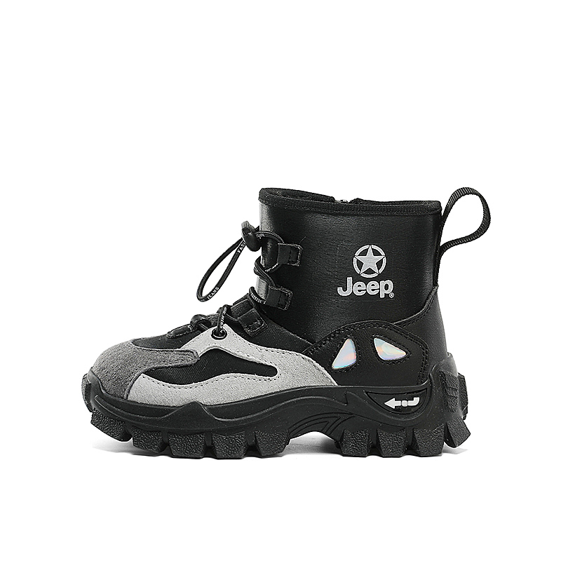 

Детские высокие зимние ботинки Slip Resistant Anti Kick Abrasion Resistant Lightweight Cushioning Quiet Balance Jeep, черный серый[fleece-lined-upgraded]
