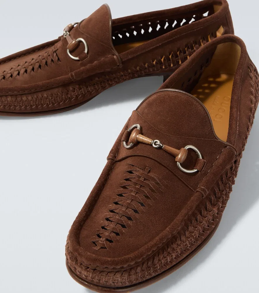 Лоферы из замши с плетеной пряжкой в виде бамбуковой конской уздечки Gucci, коричневый — фото 3