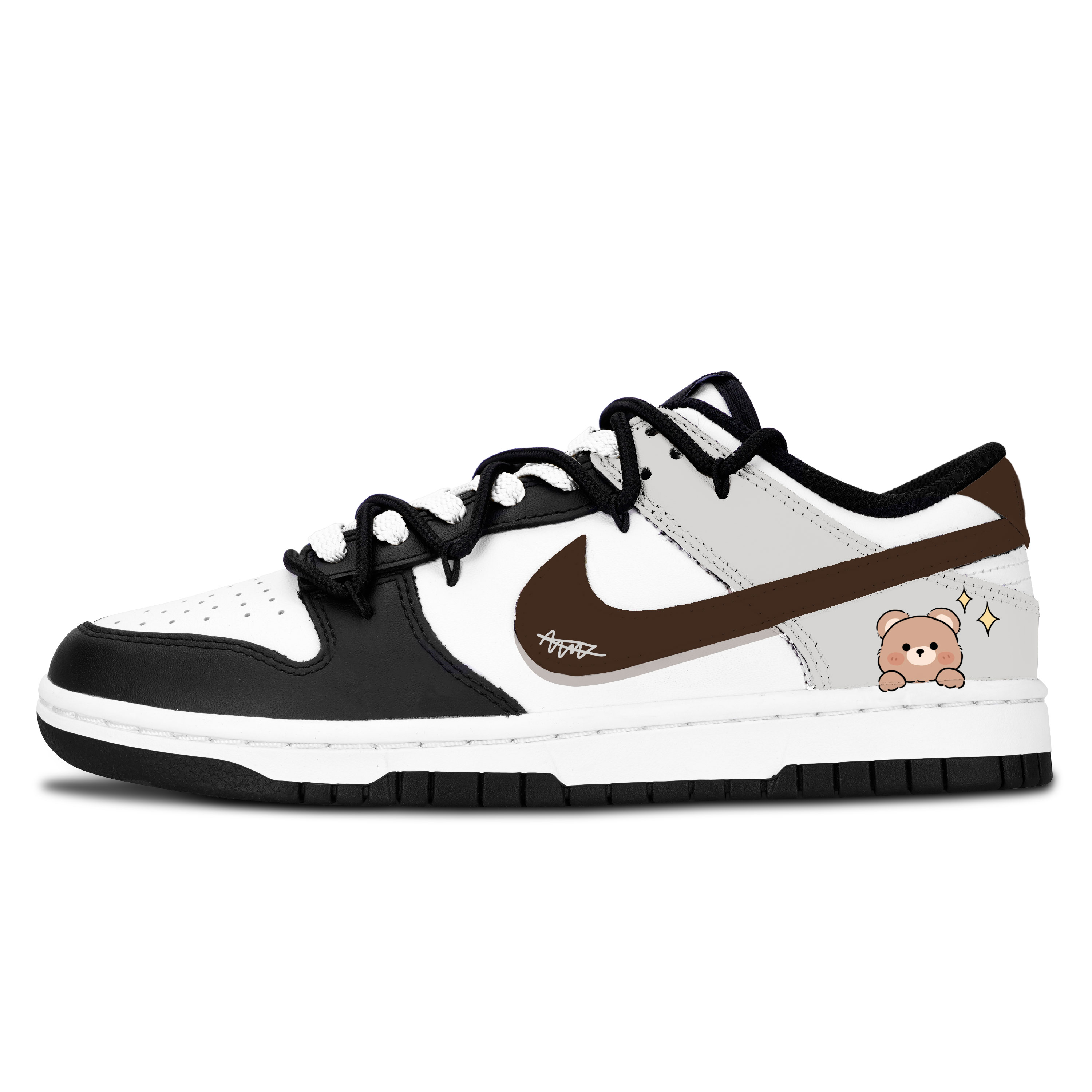 

Nike Dunk Black White, Brown Bear Urban Chic Style Leather Slip Resistant Abrasion Resistant Lightweight Cushioning