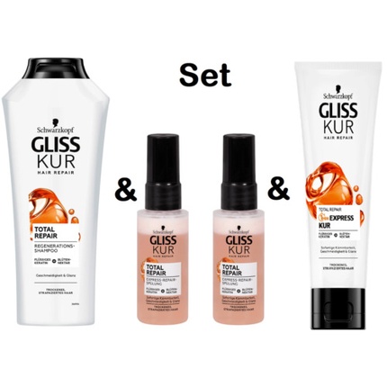 

Gliss Cure Total Repair Set (шампунь, ополаскиватель и средство для экспресс-восстановления на 1 мин) Gliss Kur