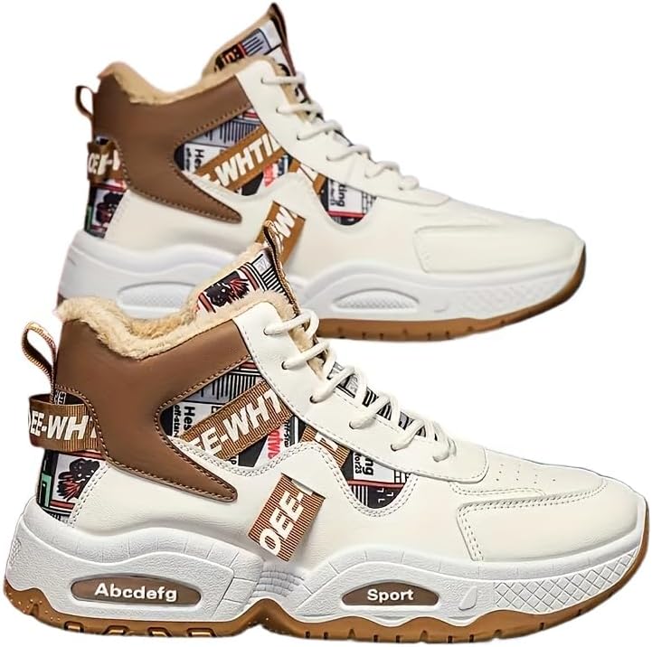 

Мужские зимние кроссовки с теплой флисовой подкладкой- толстые, противоскользящие, прочные повседневные обувь с шнуровкой для активного отдыха на улице Hhhchpm, белый/хаки