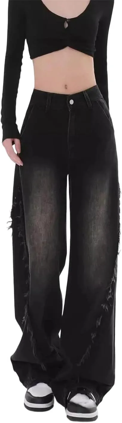 Женские джинсы Vintage High Waist в стиле Casual Baggy Wide High Street Generic, черный