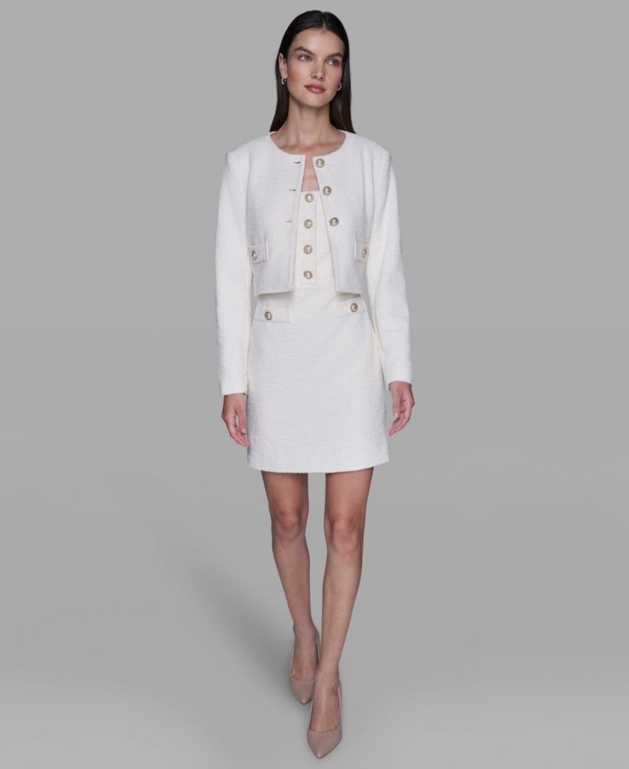 

Женское трикотажное платье с длинными рукавами и твидовым жакетом KARL LAGERFELD PARIS, Ivory