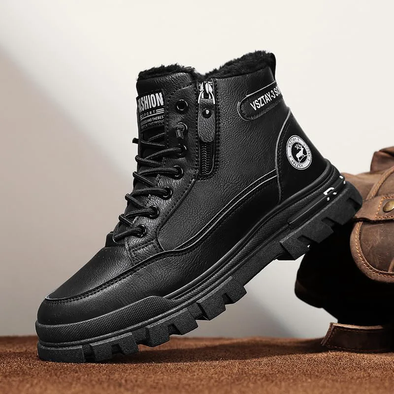 Модные зимние боевые ботинки, ботильоны с меховой подкладкой, белые и пшеничные, кожаные, с боковой молнией, на шнуровке, с платформенной подошвой, для работы и повседневного ношения на улице Generic, черный — фото 4