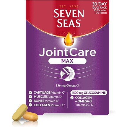 

Добавки Seven Seas JointCare Max с омега-3, витаминами D и C, цинком, коллагеном и глюкозамином, 60 капсул