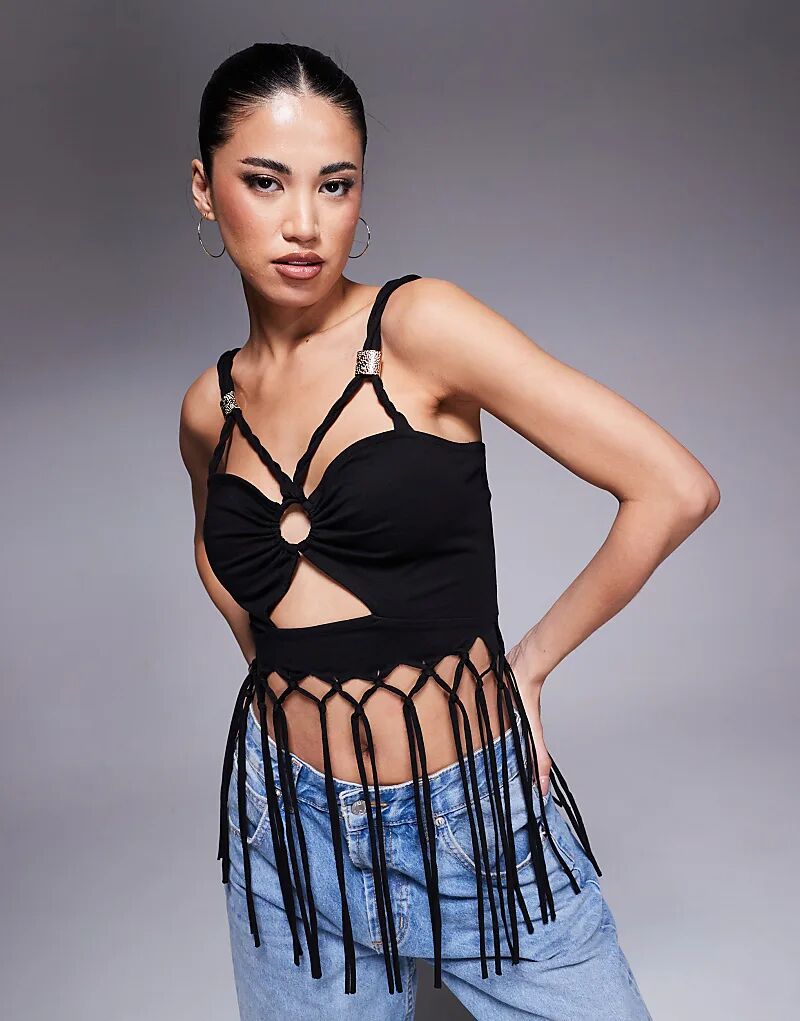 

Топ на бретелях с бахромой и сборками спереди ASOS DESIGN черного цвета