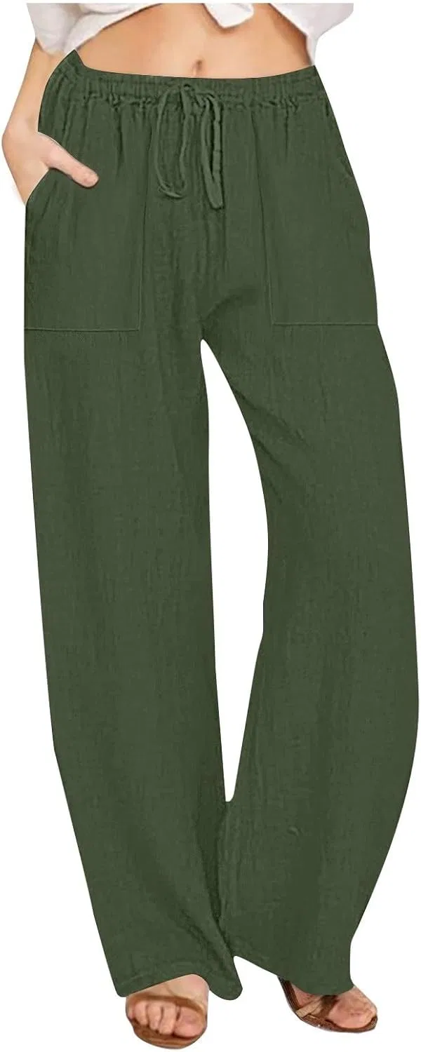 Брюки палаццо женские из хлопка и льна, Army Green19