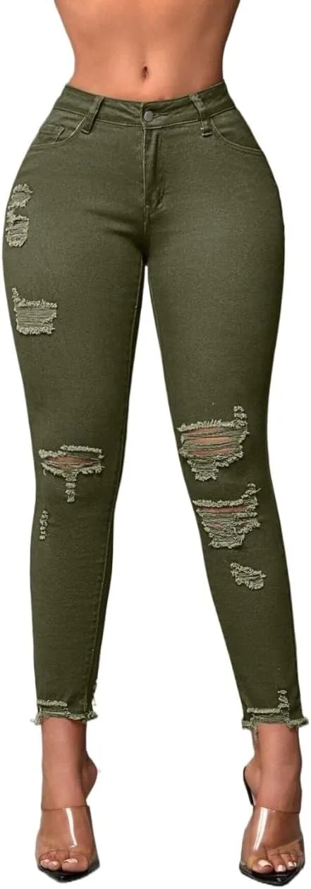 Женские классические джинсы с потертостями Slim Fit укороченные Generic, зеленый
