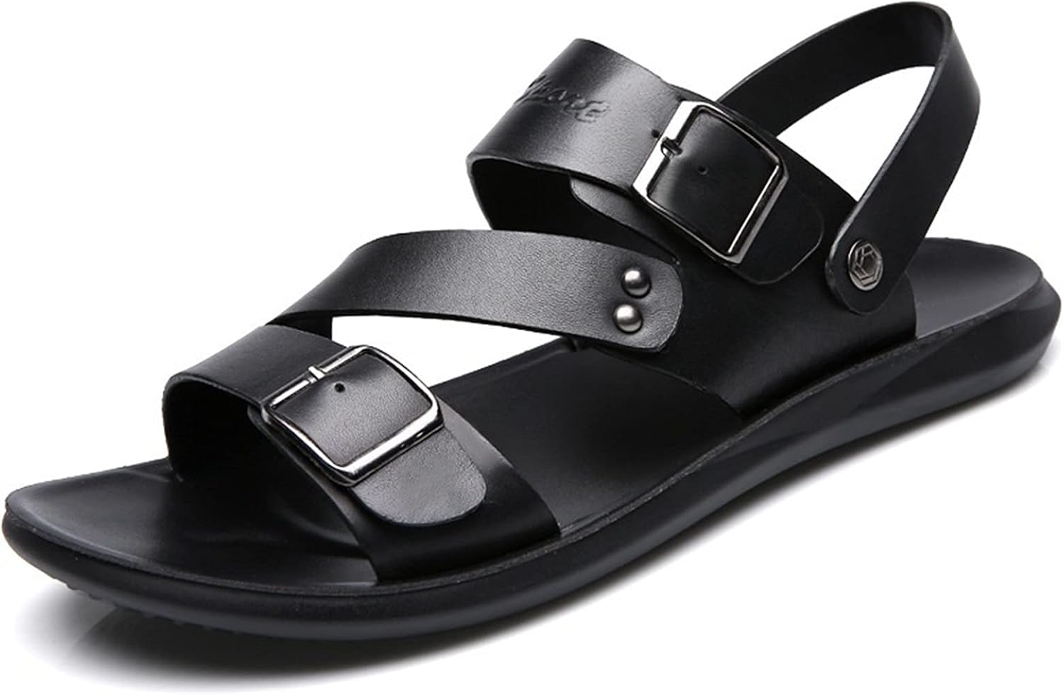 

Мужские сандалии Battle Men с вырезами, повседневные, для двойного использования на пляже, из натуральной кожи, с открытым носком, с двойной пряжкой-монком, толстой подошвой, заклепками, однотонные, противоскользящие, черный