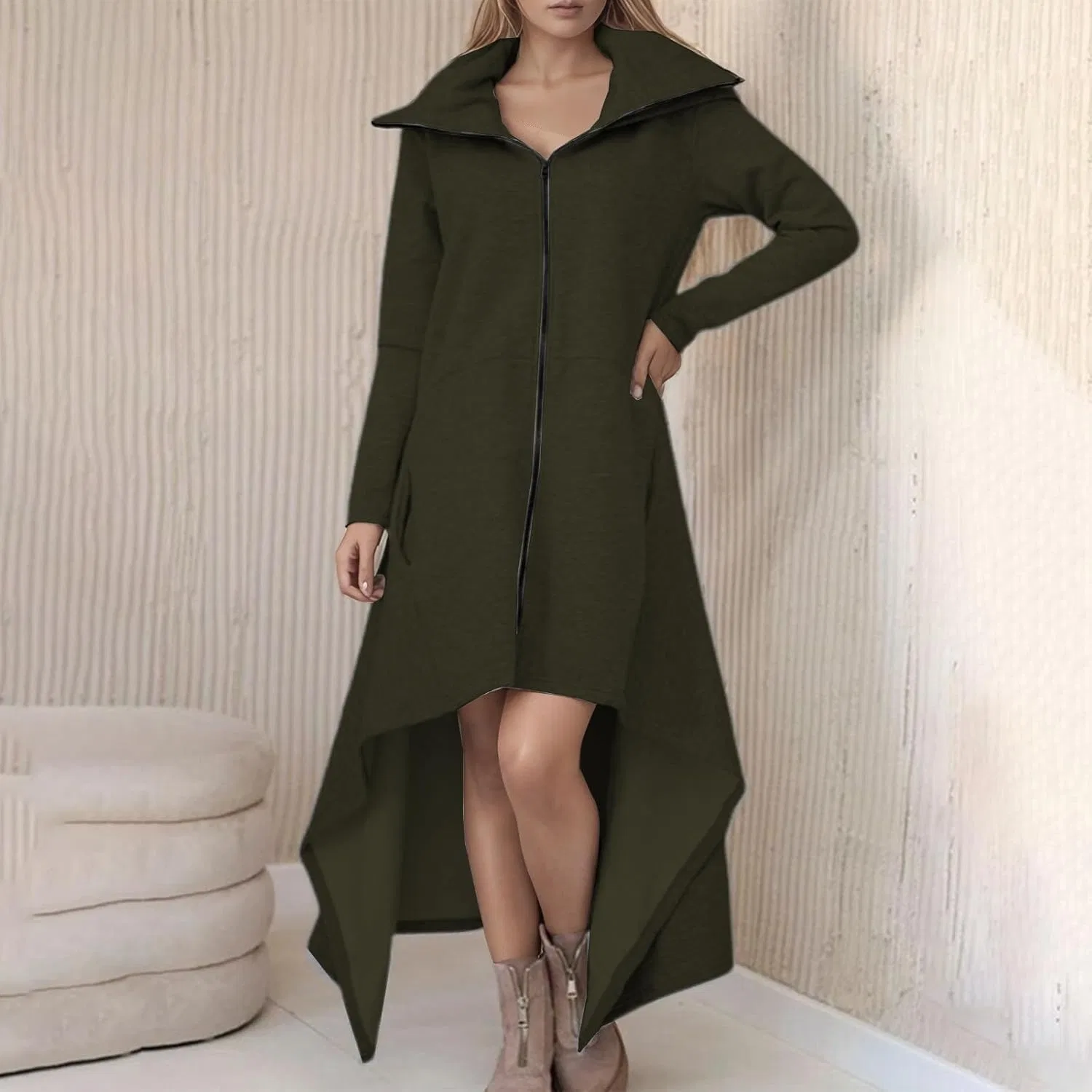 Толстовка-платье с капюшоном оверсайз из флиса с карманами, Dark Green — фото 3