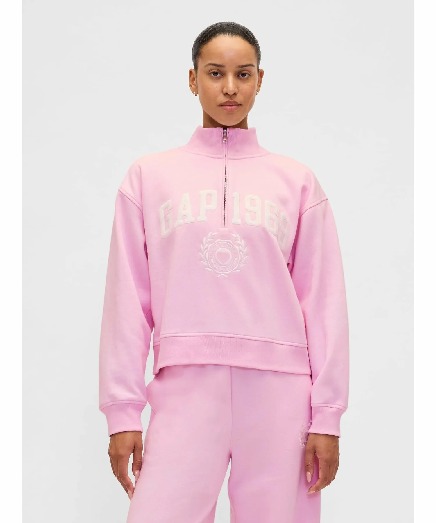(W) Винтажный мягкий пуловер GAP 1969 с логотипом и половинной молнией, PRIMROSE_PINK