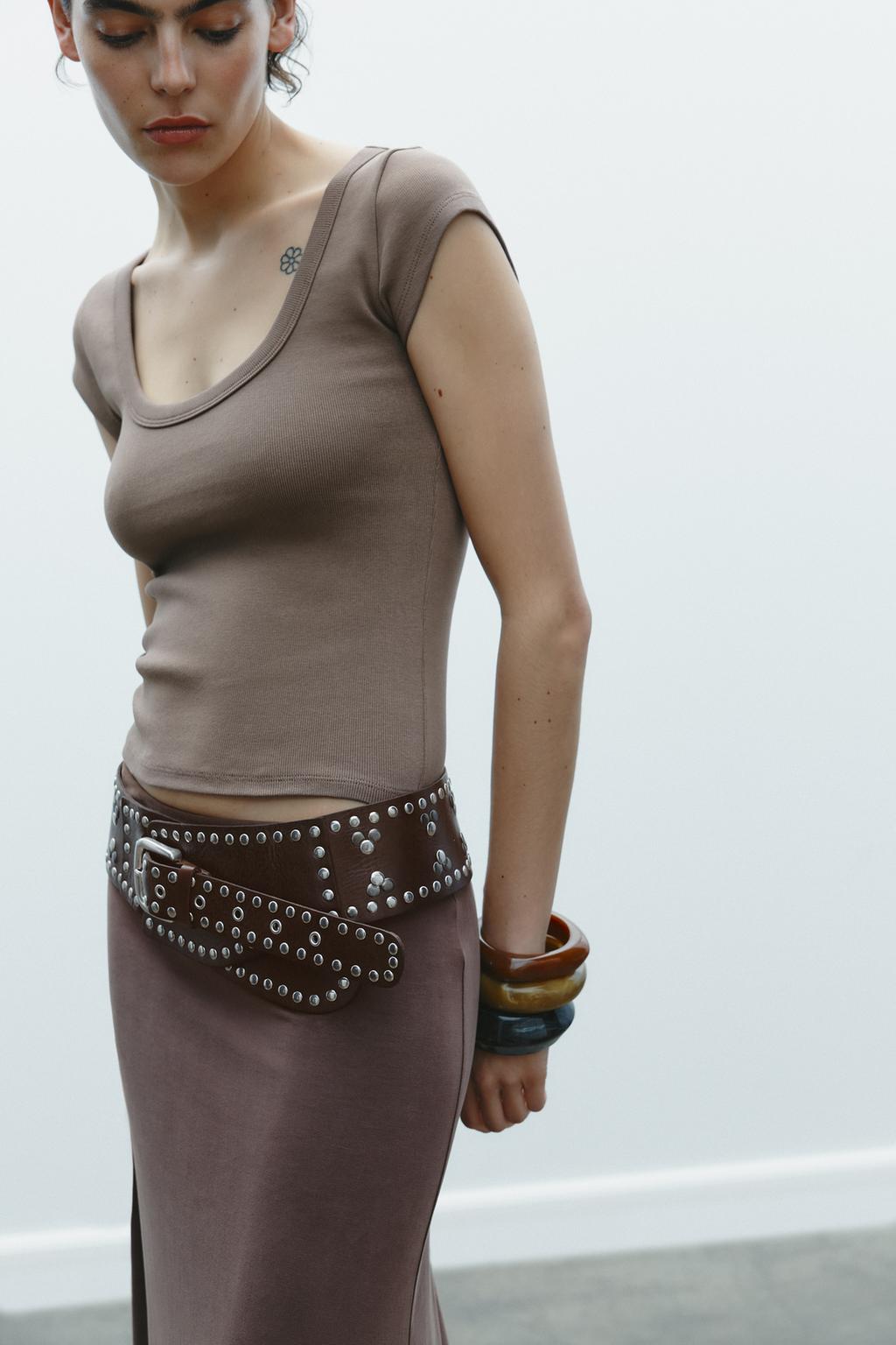 

Футболка с круглым вырезом ZARA, цвет Brown/Taupe