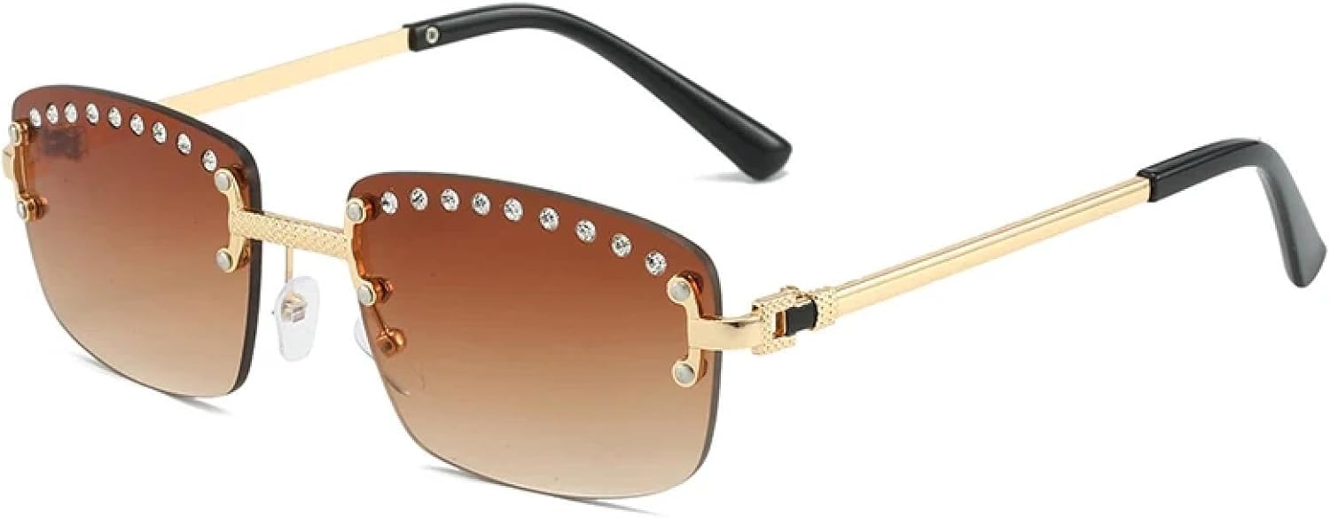 

Модные солнцезащитные очки без оправы с имитацией бриллиантов для женщин и мужчин, в винтажном стиле, роскошные, для активного отдыха и путешествий, защита от УФ-излучения UV400 TKKTLLT, Gold Gradient Tea