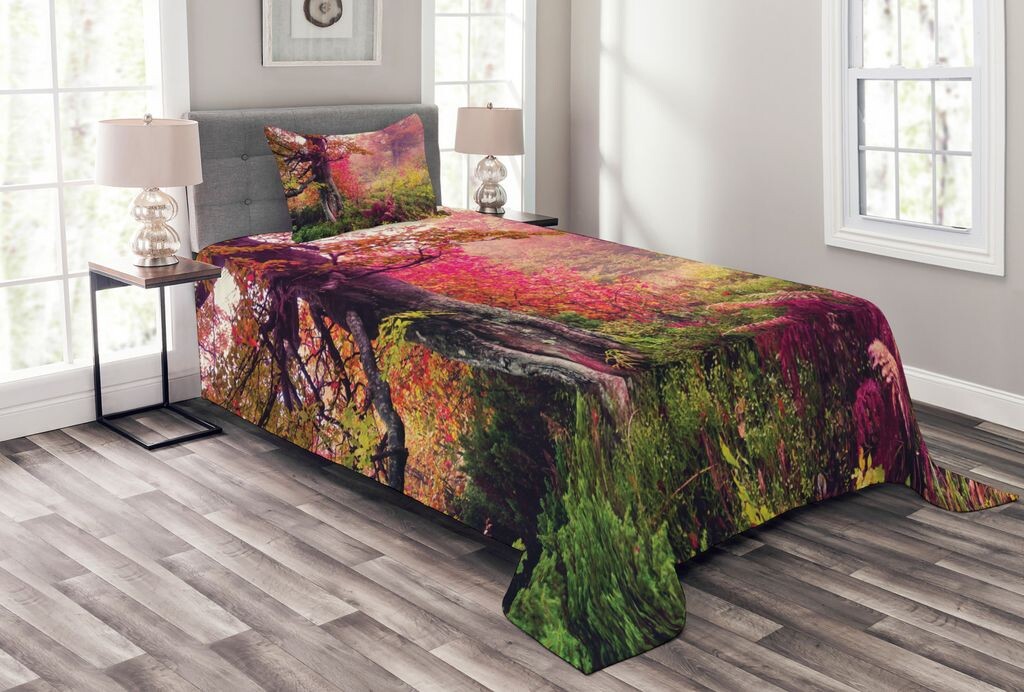 

Комплект покрывала ABAKUHAUS Forest, Величественные осенние деревья, комплект с моющимися наволочками, для односпальных кроватей 170 x 220 см, красный, зеленый, коричневый