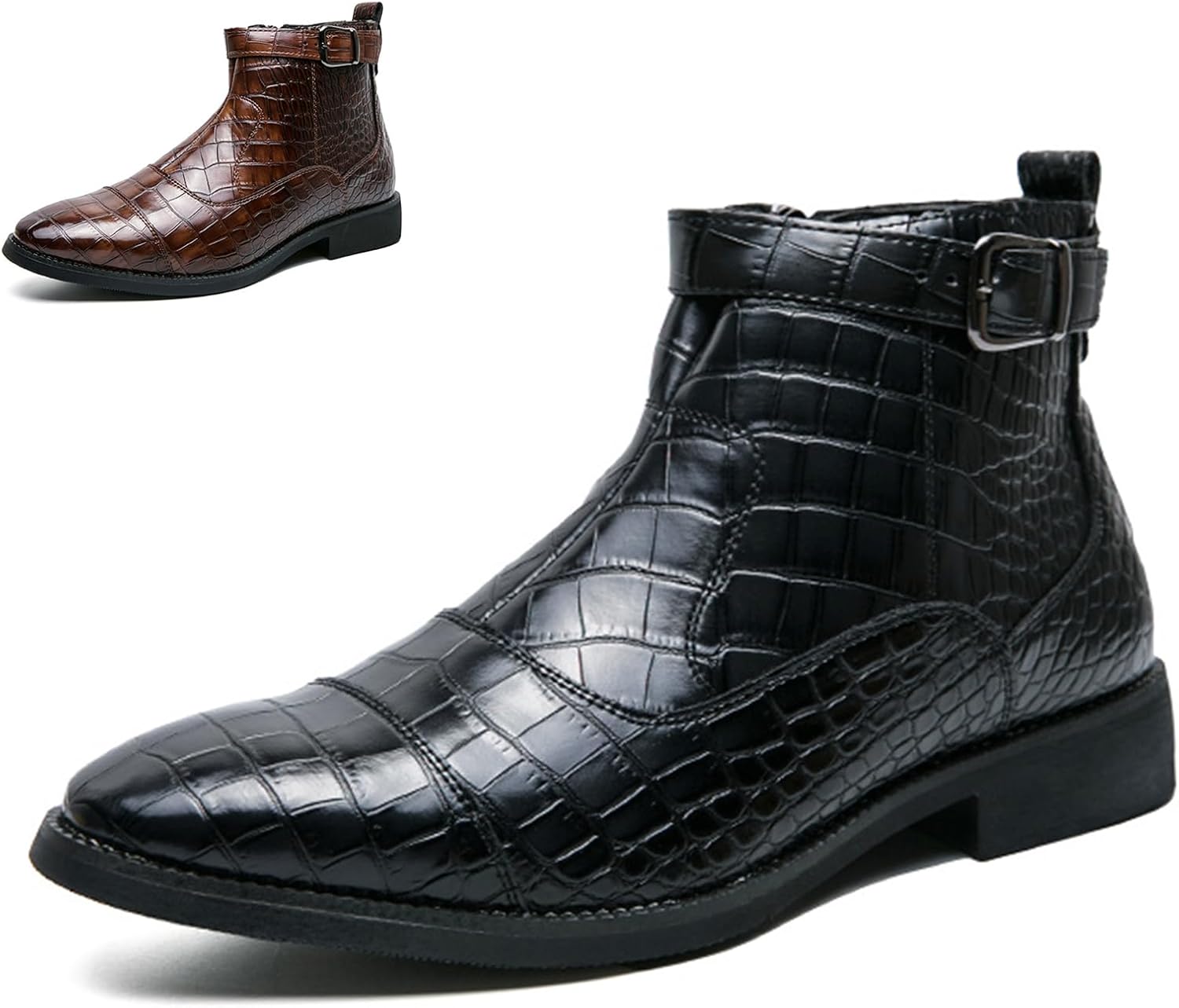 

Мужские высокие кожаные ботинки Челси с узором, ремешком и пряжкой, модный британский стиль, заостренный носок, боковая молния, ретро, деловые оксфорды на щиколотке Zeberfi, черный