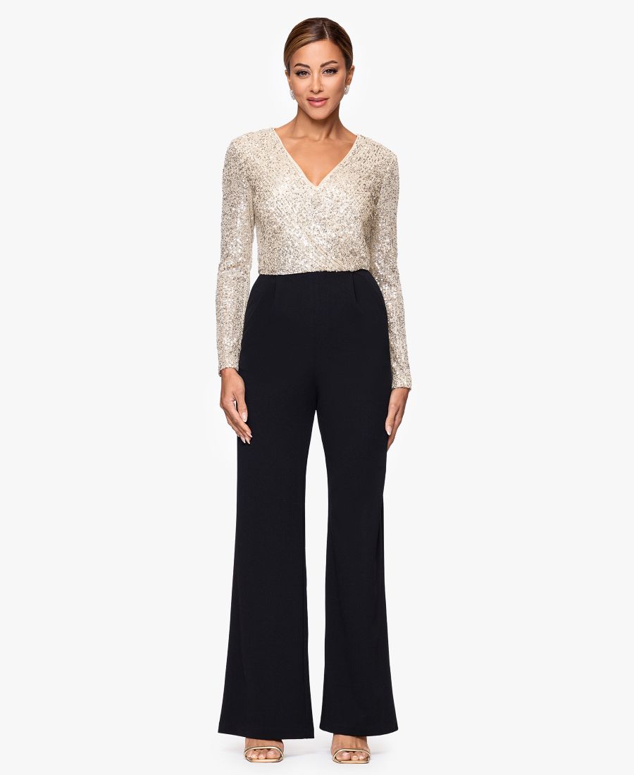 

Женский комбинезон прямого кроя с лифом, расшитым пайетками XSCAPE, Black/Nude/Silver