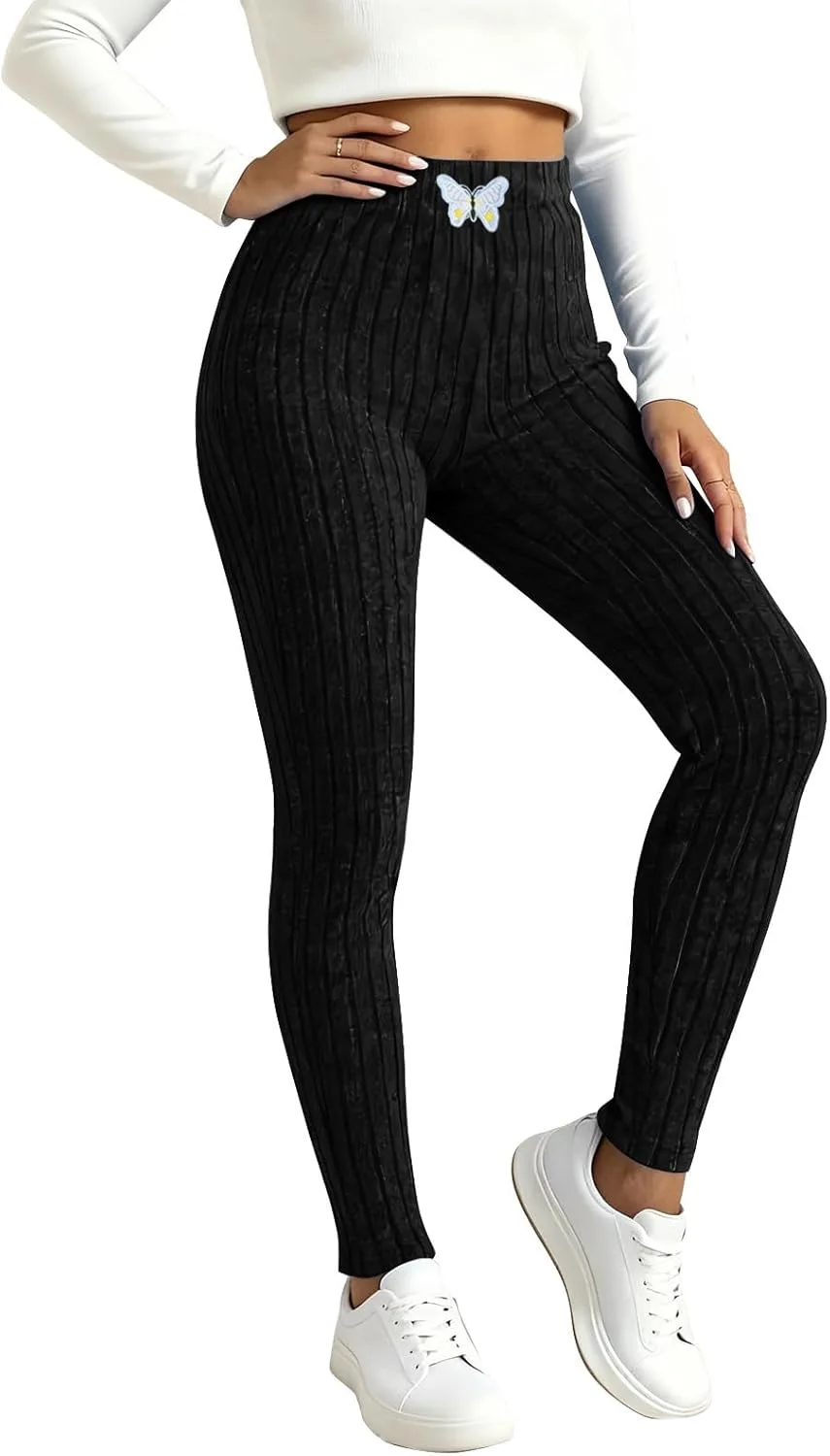 Черные леггинсы Women Stretchy High Waist Ribbed Knit Bow Casual Pants