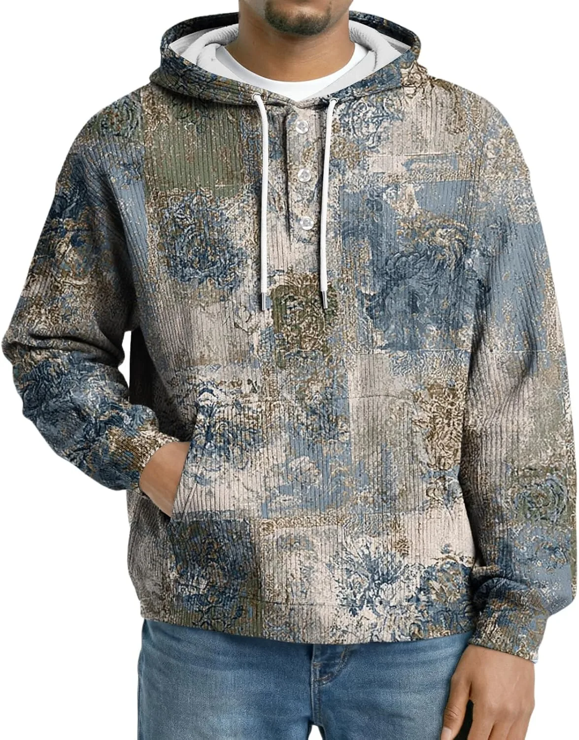 

Мужской худи с принтом на шнурке, теплый с длинными рукавами и карманами, Plus Size