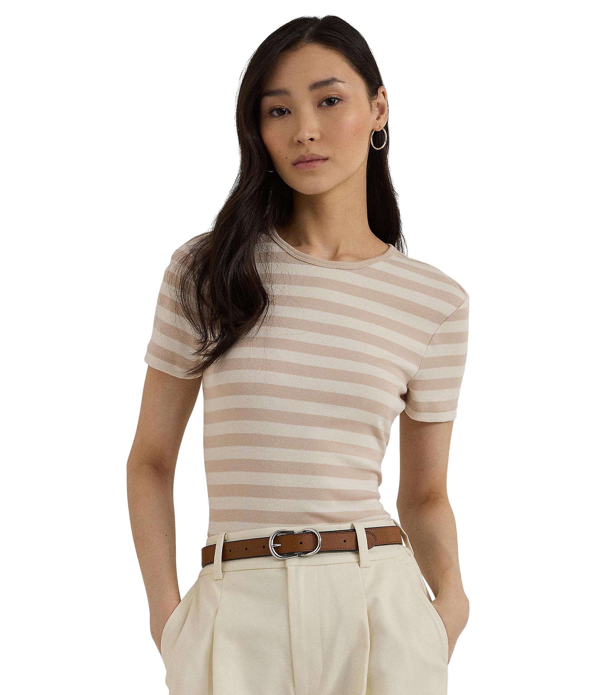 

Футболка Lauren Ralph Lauren Striped Stretch Cotton Crewneck Tee, Explorer Sand/Mascarpone CreamSee Less