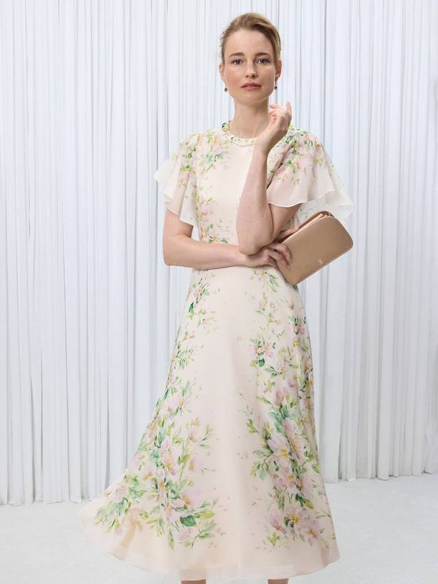 

Kim Floral платье миди с круглым вырезом и короткими рукавами из шелка Hobbs