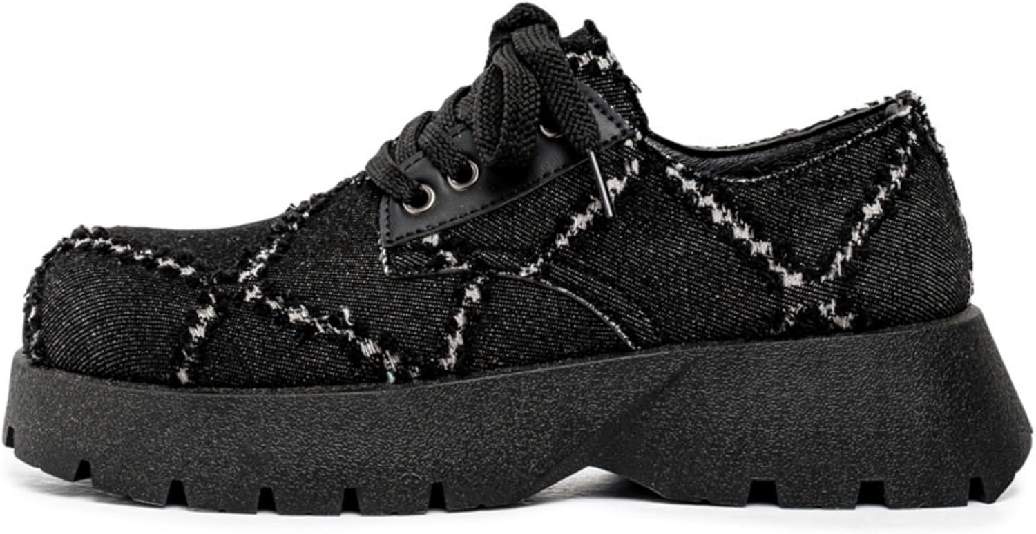 

Мужские массивные платформенные кроссовки - винтажный геометрический узор, джинсовая ткань, шнуровка, нескользящая резиновая подошва, для повседневной и полуформальной носки, модный ретро-стиль, комфортная обувь Kelibasi, черный