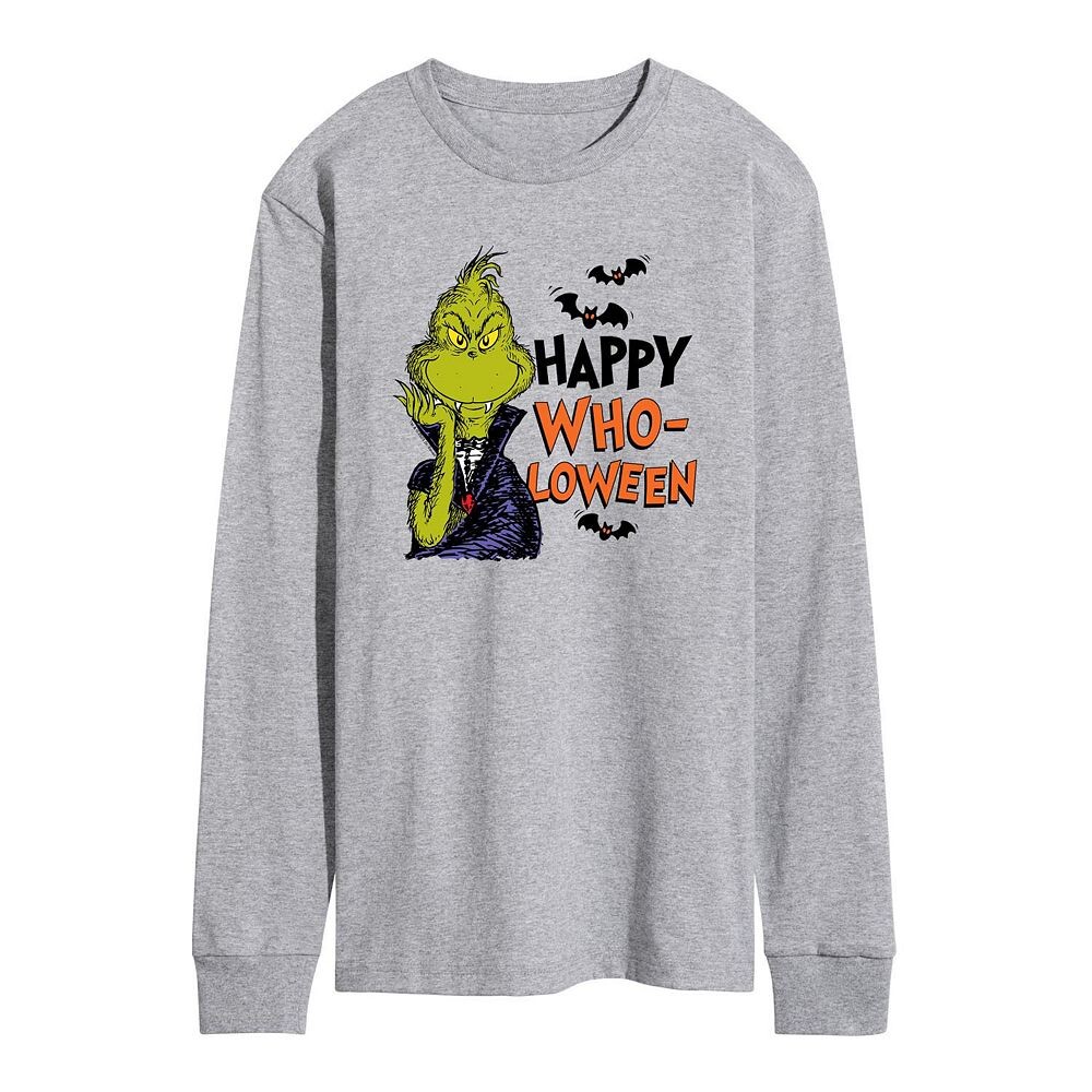 

Мужская футболка с длинными рукавами и рисунком Dr. Seuss Grinch Happy Who-Loween Licensed Character, цвет Heather Gray