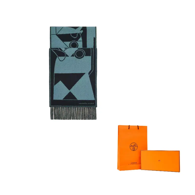 

HERMES Всаднический шлем Броня Жаккардовый вязаный шарф Мужской, Blue
