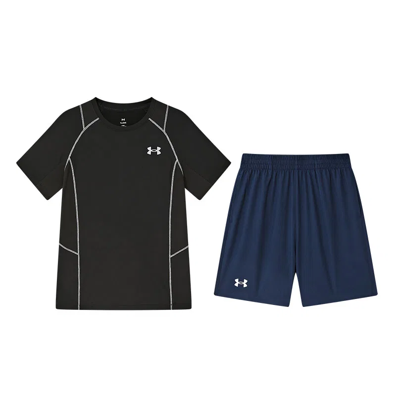 Повседневная спортивная одежда для подростков Under Armour, Black Short-Sleeved Shirt+Black Blue Shorts