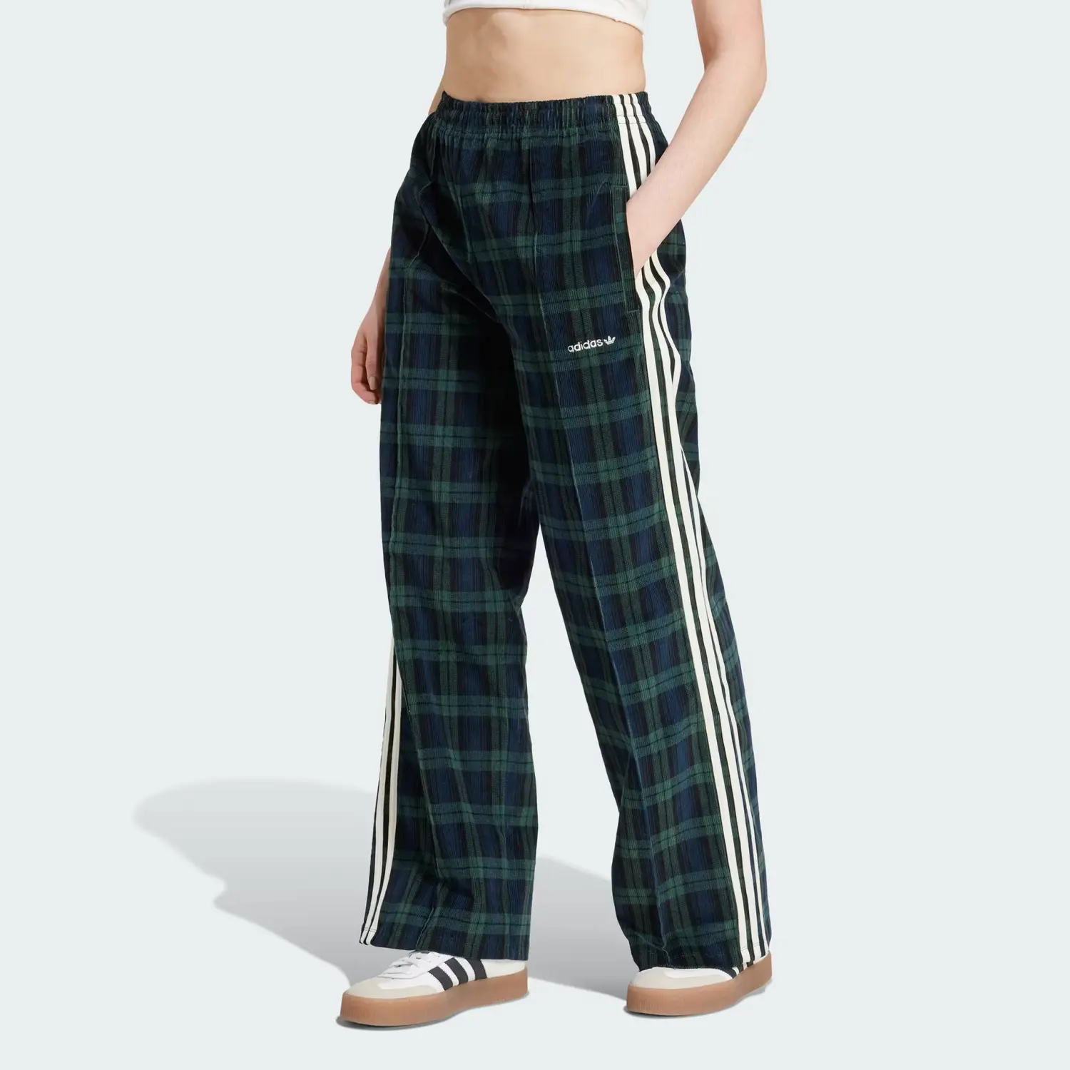 Кордюровые тартановые брюки-клёш Adidas Originals, Тёмный Теневой Зелёный — фото 3