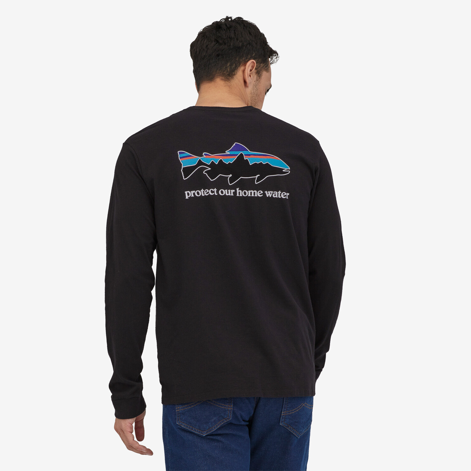 Мужская домашняя футболка Responsibili с длинными рукавами и форелью Patagonia, черный — фото 3