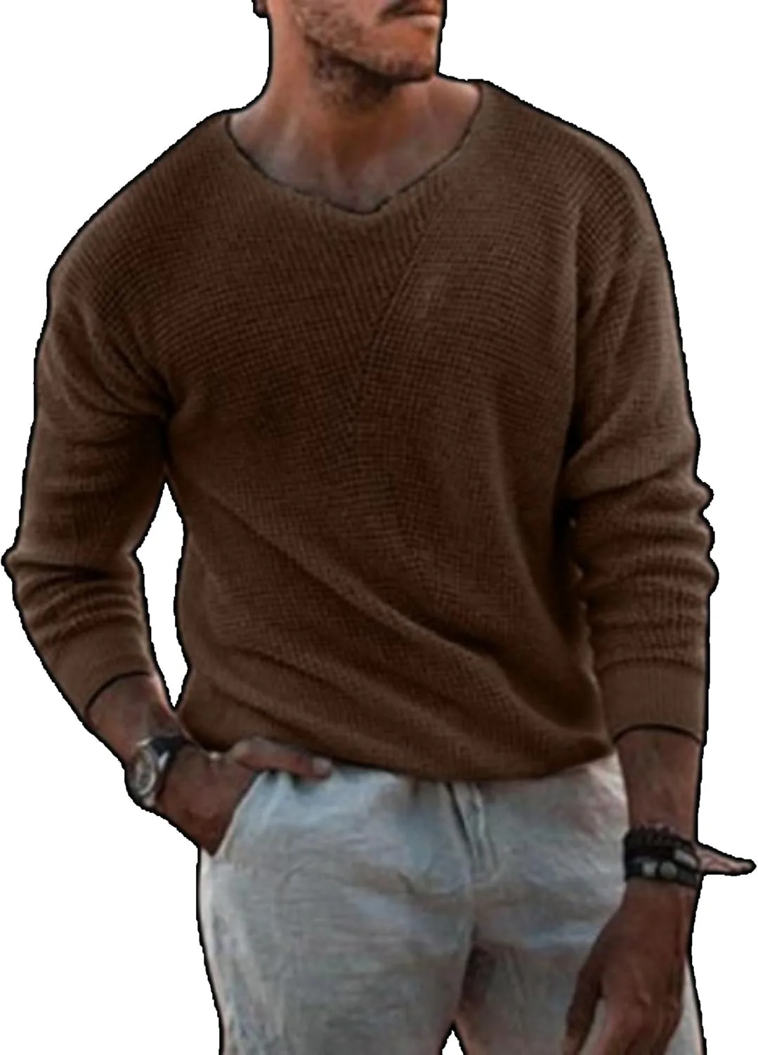 

Мужской свитер V-образным вырезом в рубчик, облегающий, легкий JEShifangjiusu