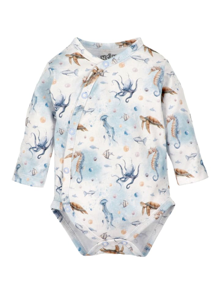 

Nini Боди с длинными рукавами, украшенное белыми изображениями морских обитателей