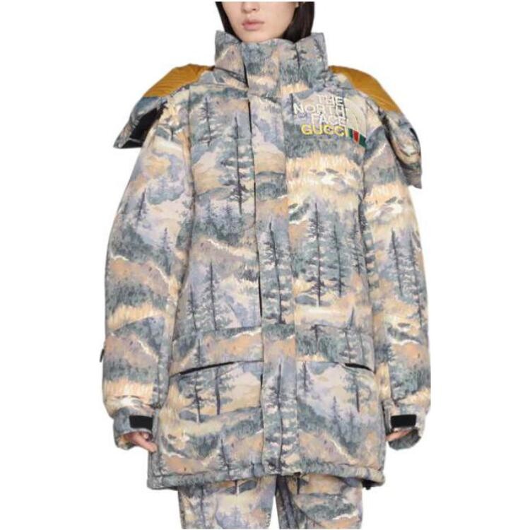 Пуховик женский Gucci x The North Face, с принтом, голубой / бежевый — фото 3