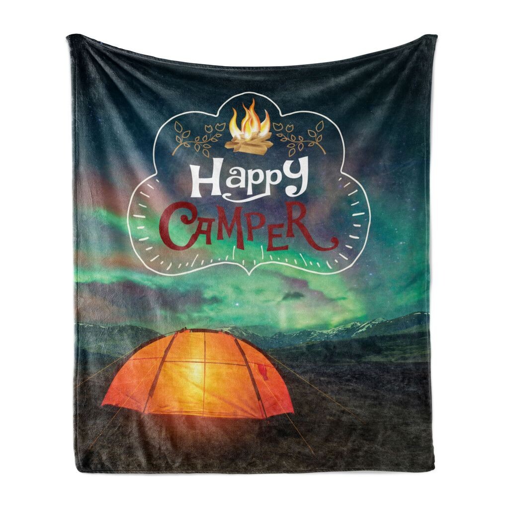 

ABAKUHAUS Happy Camper Мягкое фланелевое флисовое одеяло, Aurora Borealis Night Sky и Tent Bonfire Typography Природный тематический принт, 175 x 230 см, разноцветный