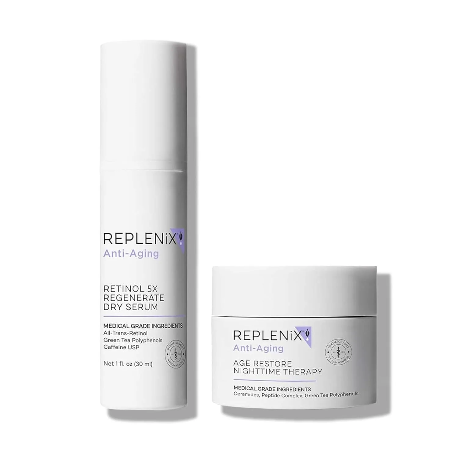 Набор для ухода за кожей Replenix Anti-Aging Treatment, медицинский комплект включает Regenerate Retinol Dry Serum 5x (30 мл) и Age Restore Nighttime Therapy Night Cream (50 мл)