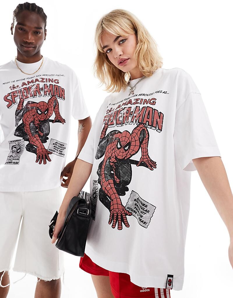 

Футболка унисекс ASOS DESIGN – Marvel – белого цвета с объемным кроем и принтом Человек-паук– спереди