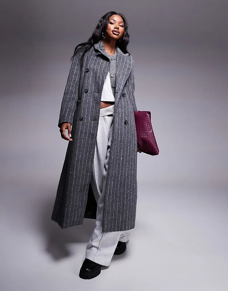 

Двубортное пальто в тонкую полоску темно-серого цвета River Island