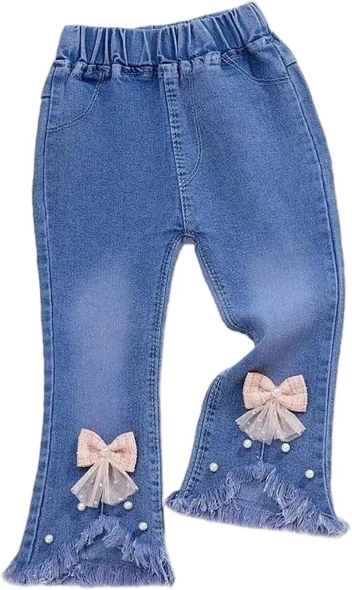 

Джинсы-клеш для девочек с эластичным поясом и бантом