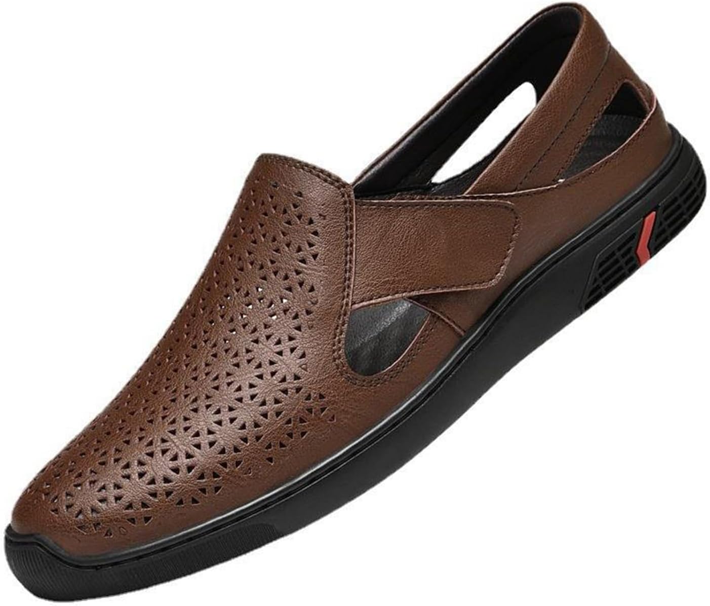 

Мужские лоферы из натуральной кожи с прорезями, плоские, с закрытым круглым носком, на липучке, повседневные сандалии, летние, для улицы, дышащие, противоскользящие прогулочные туфли Enjgu, темно-коричневый