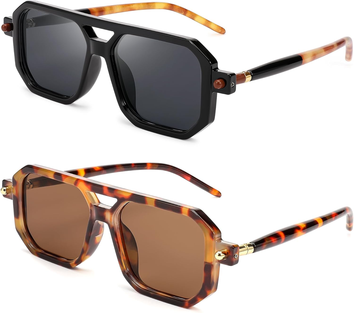 

Винтажные квадратные солнцезащитные очки-авиаторы FEISEDY 70-х годов, классическая ретро-стильная оправа, защита от ультрафиолета UV400, артикул B2622, 2 Pack Black/Grey + Leopard/Tea