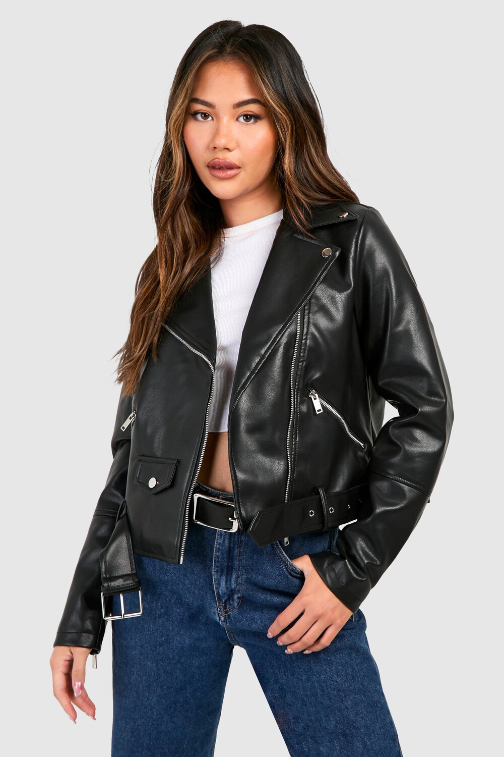 

Байкерская куртка с поясом boohoo, черный