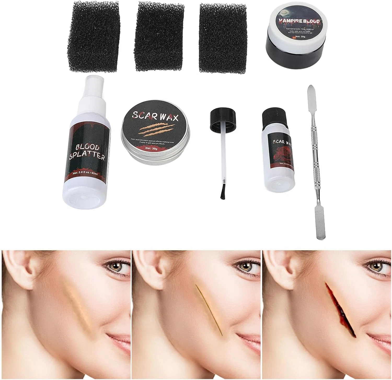 Набор для спецэффектов грима Scar Makeup Wax ZJchao, 30г+30г+20мл+60мл