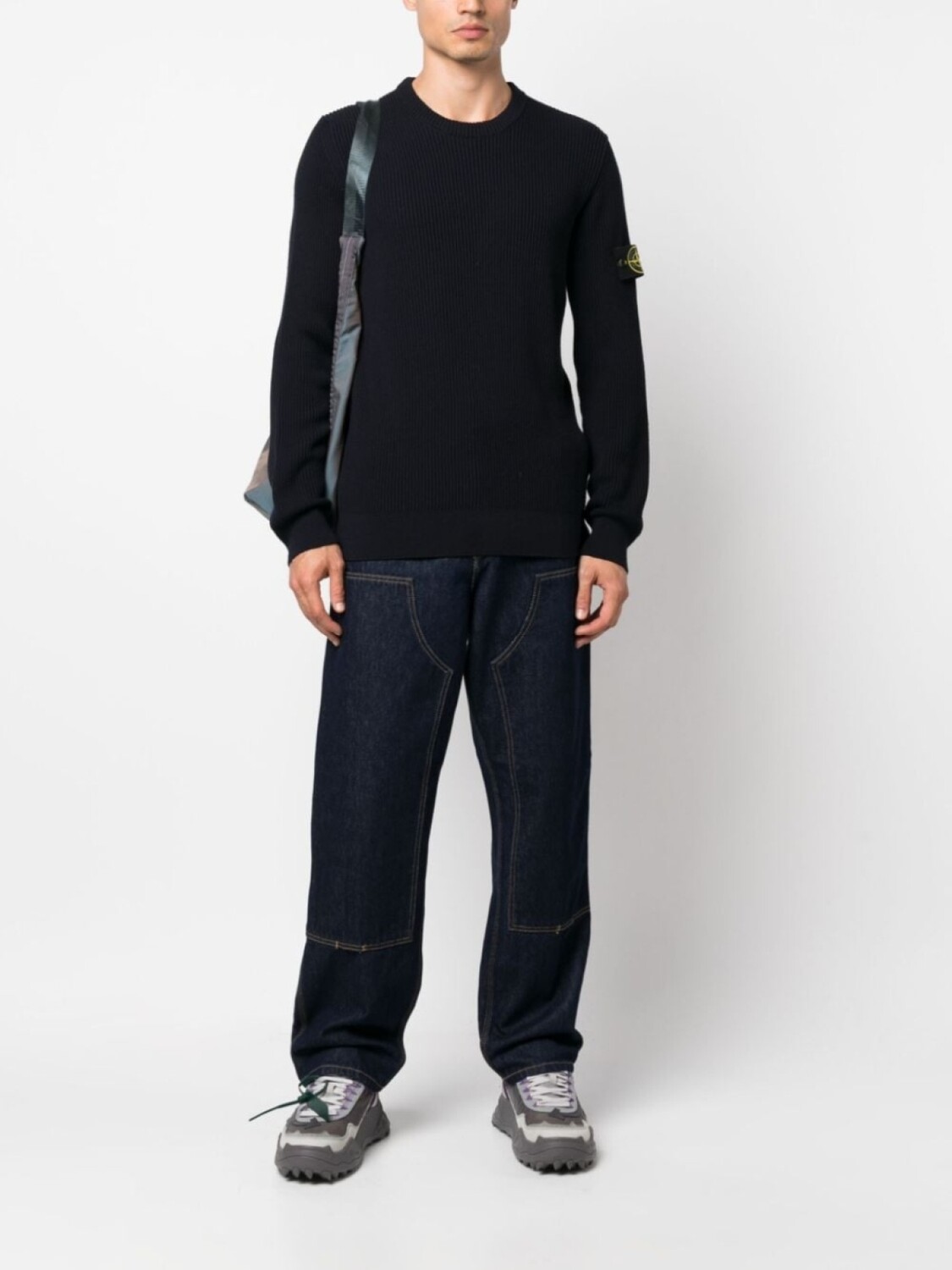 

Stone Island шапка бини в рубчик с нашивкой Compass, синий