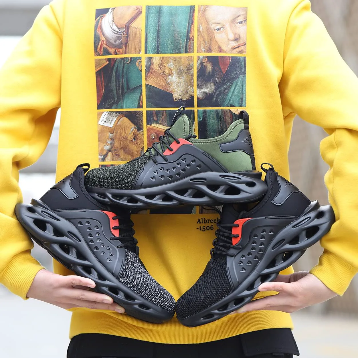 

Мужские стальные ботинки Micoklinlin с дышащей сеткой, рабочие безопасные кроссовки для лета с легким весом и светоотражающей полосой, зеленый