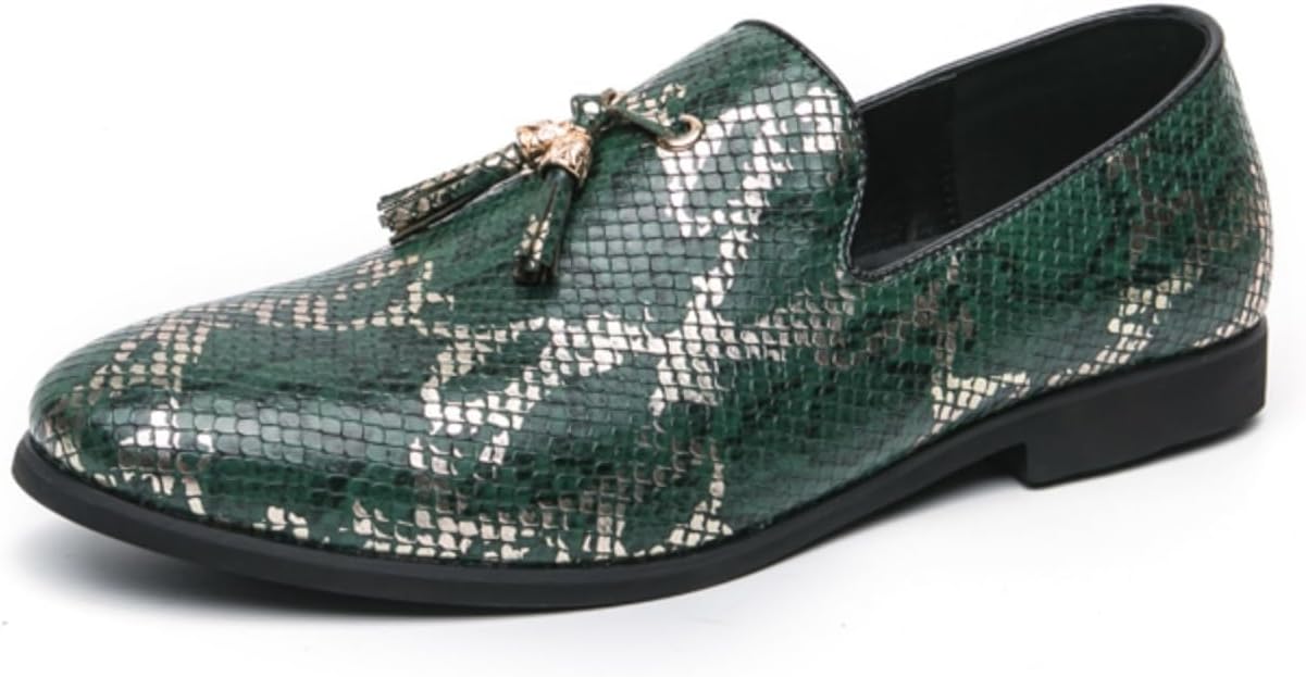 

Мужские кожаные лоферы YRZHGDL с кисточками, змеиным узором, без застежки, круглый носок, комфортные, легкие, нескользящие мокасины для прогулок, вождения, работы, ужинов, мероприятий и вечеринок, лоферы-пенни, зеленый